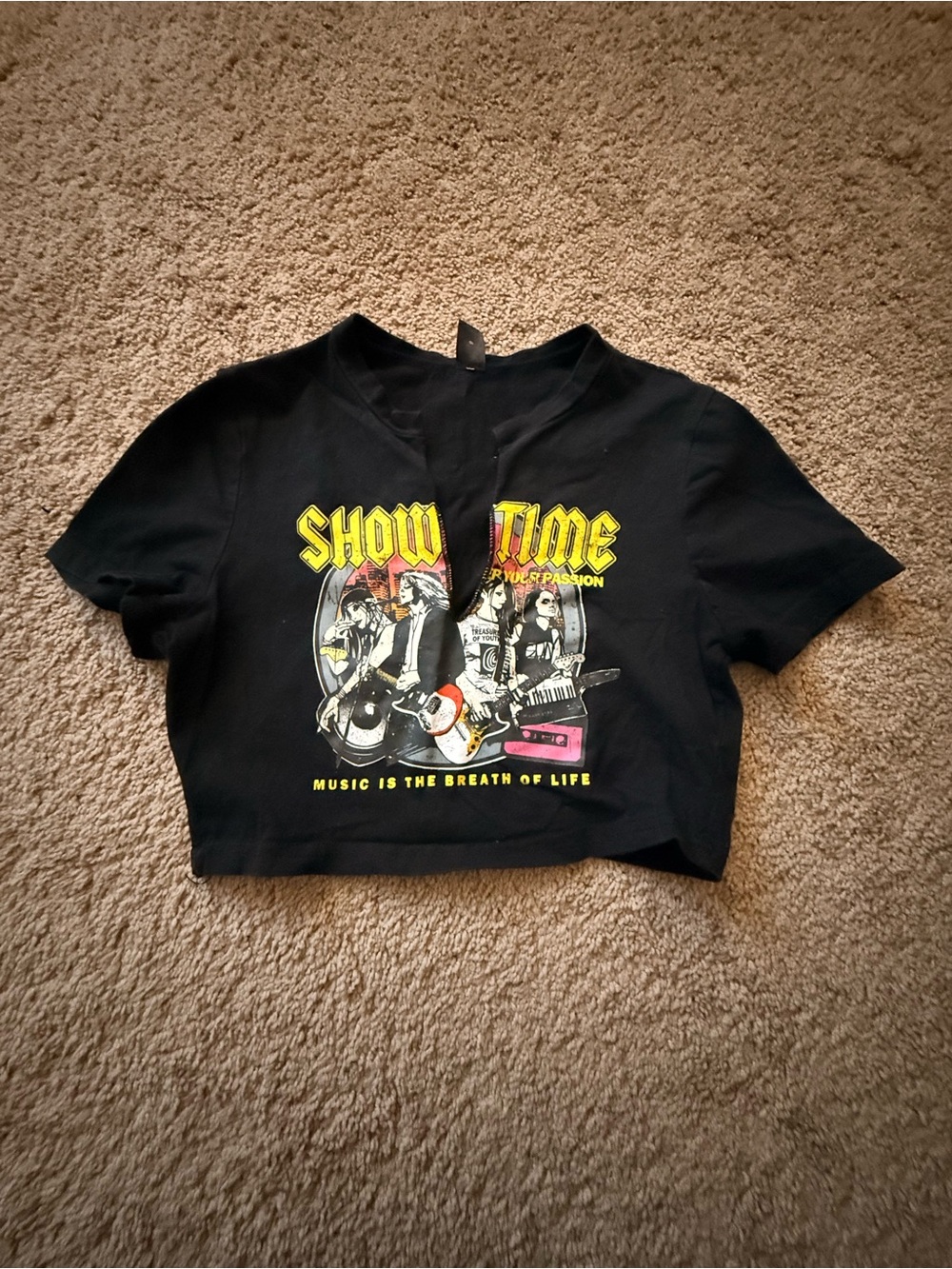 SHEIN Black 'Show Time' Graphic Cropped Tee - Yellow & Red Print